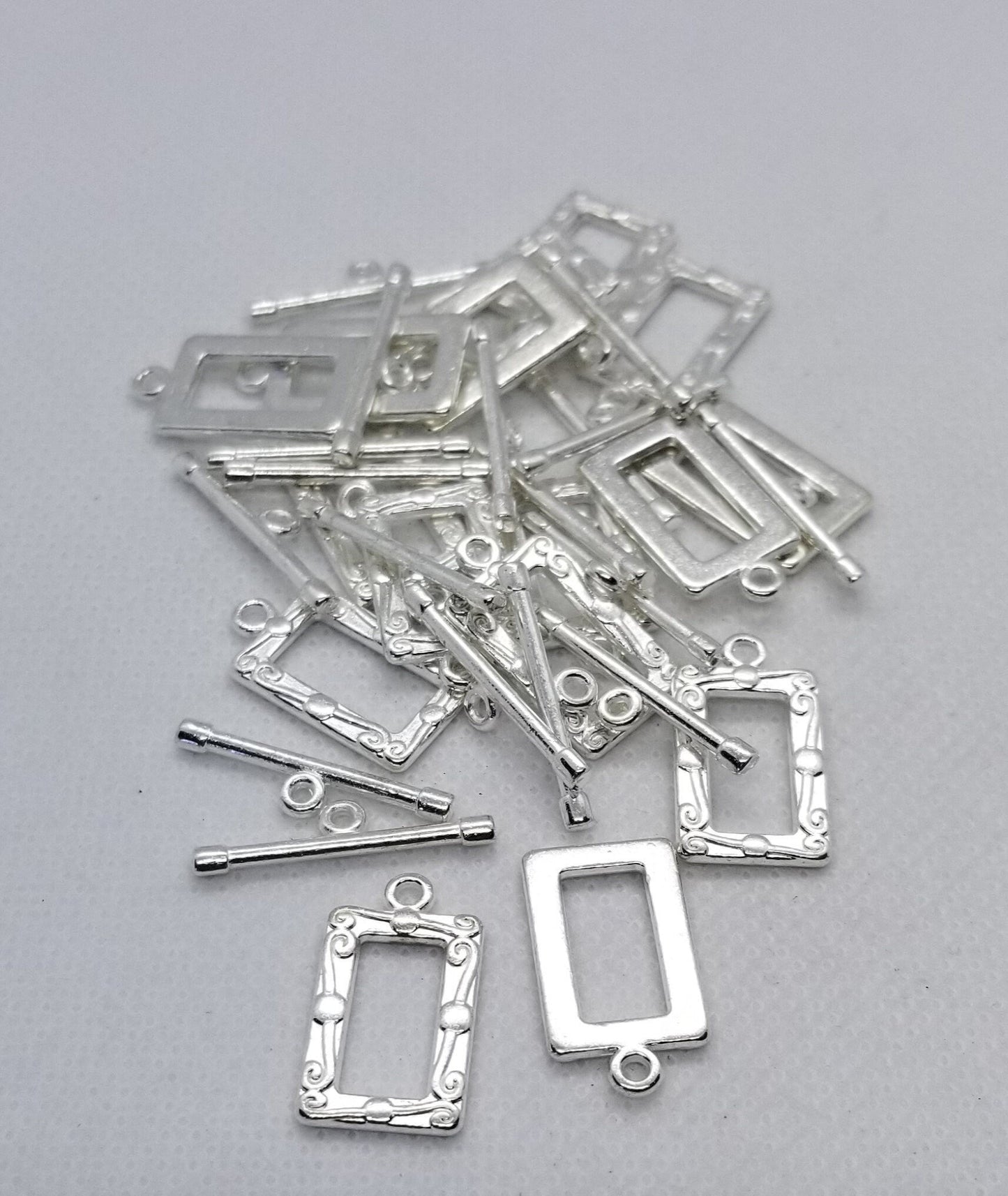 5 sets Silver Picture Frame Toggle Clasps, Rectangle, Lead, Cadmium Free, Size 20x11.5mm, Bar 22x5mm, Hole 2.5mm, Optional Silver Jump Rings