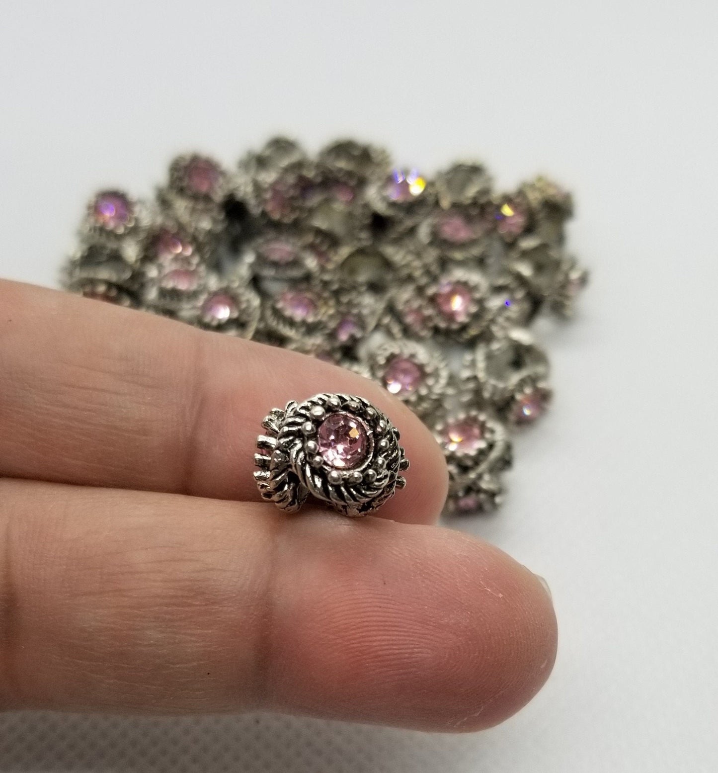 2 pieces Unique Silver and Large Pink Rhinestone Spacer, 3 sided, Large Hole Bead, 3 Glass Rhinestones, 13x9.5mm, Hole 5mm, Hair Jewelry