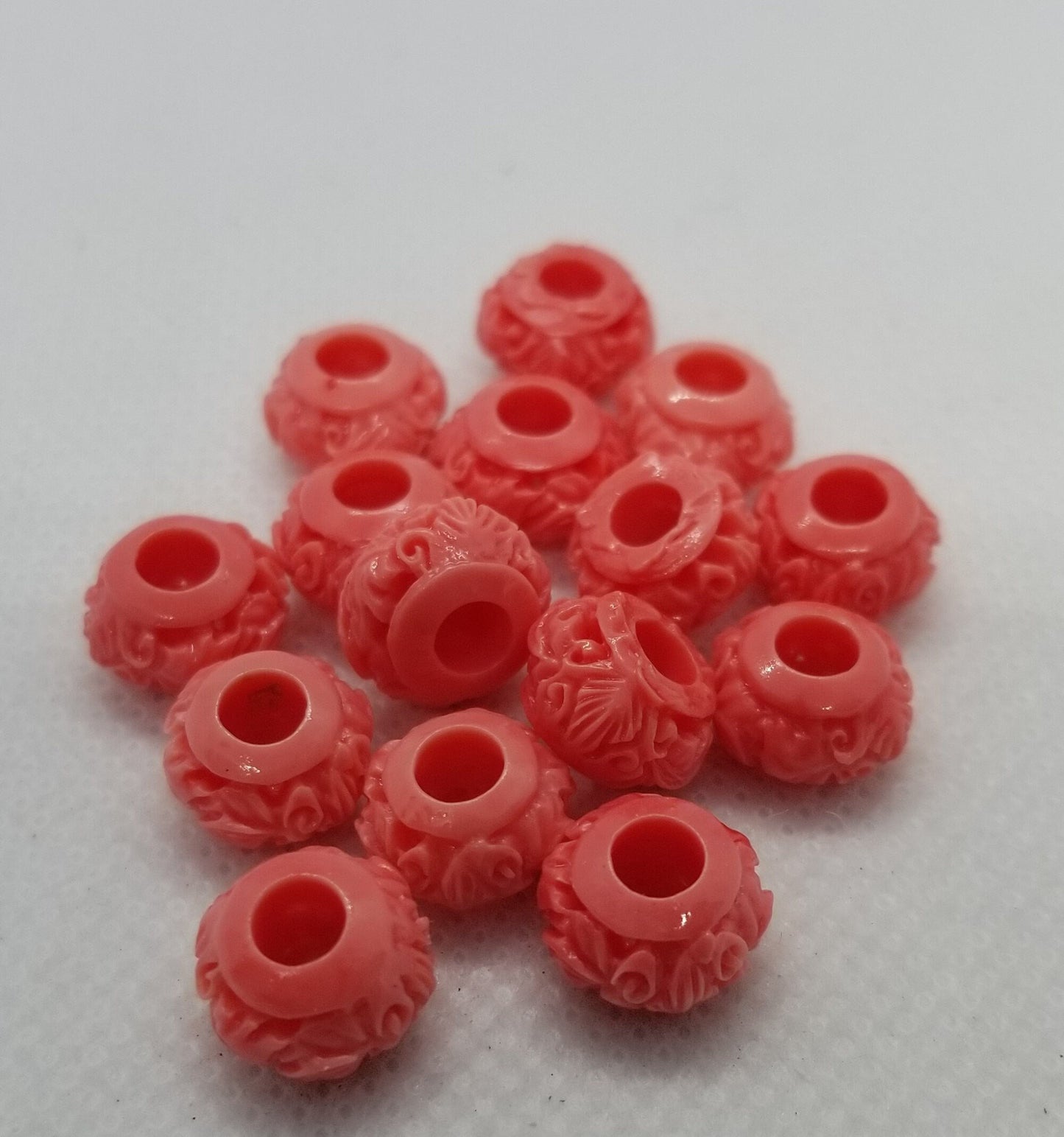 2 pieces Carved Coral Bead, Large Hole Beads, Dyed, Leaf Vine Pattern, Carved Rondelle, Synthetic, 11x7mm, Hole 4mm CLEARANCE