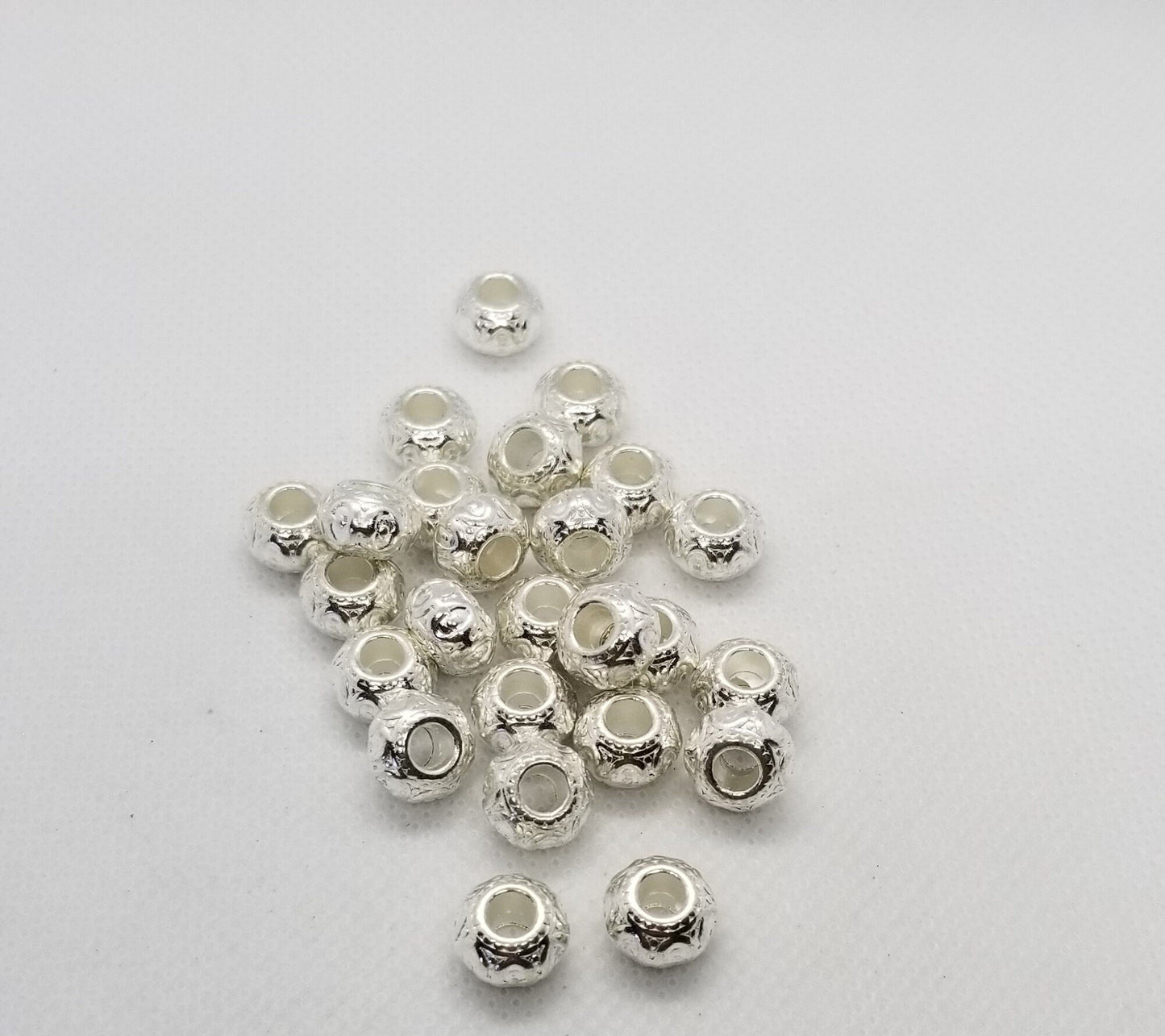 5 pieces Silver Rondelle, Stamped Pattern, Brass Alloy, Cadmium, Lead Free, Silver Color Plated, 10x7mm, Large Hole 3mm