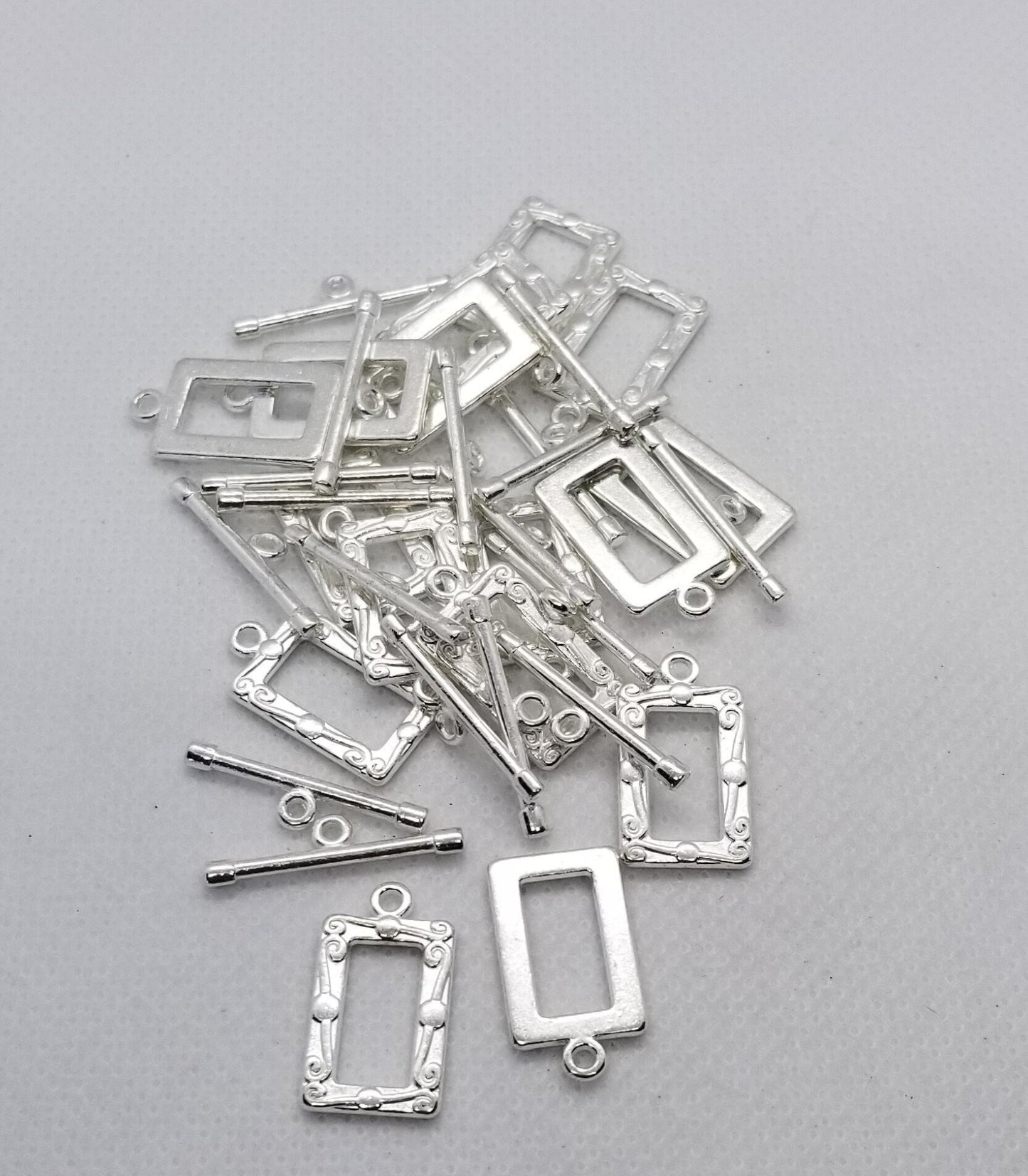 5 sets Silver Picture Frame Toggle Clasps, Rectangle, Lead, Cadmium Free, Size 20x11.5mm, Bar 22x5mm, Hole 2.5mm, Optional Silver Jump Rings
