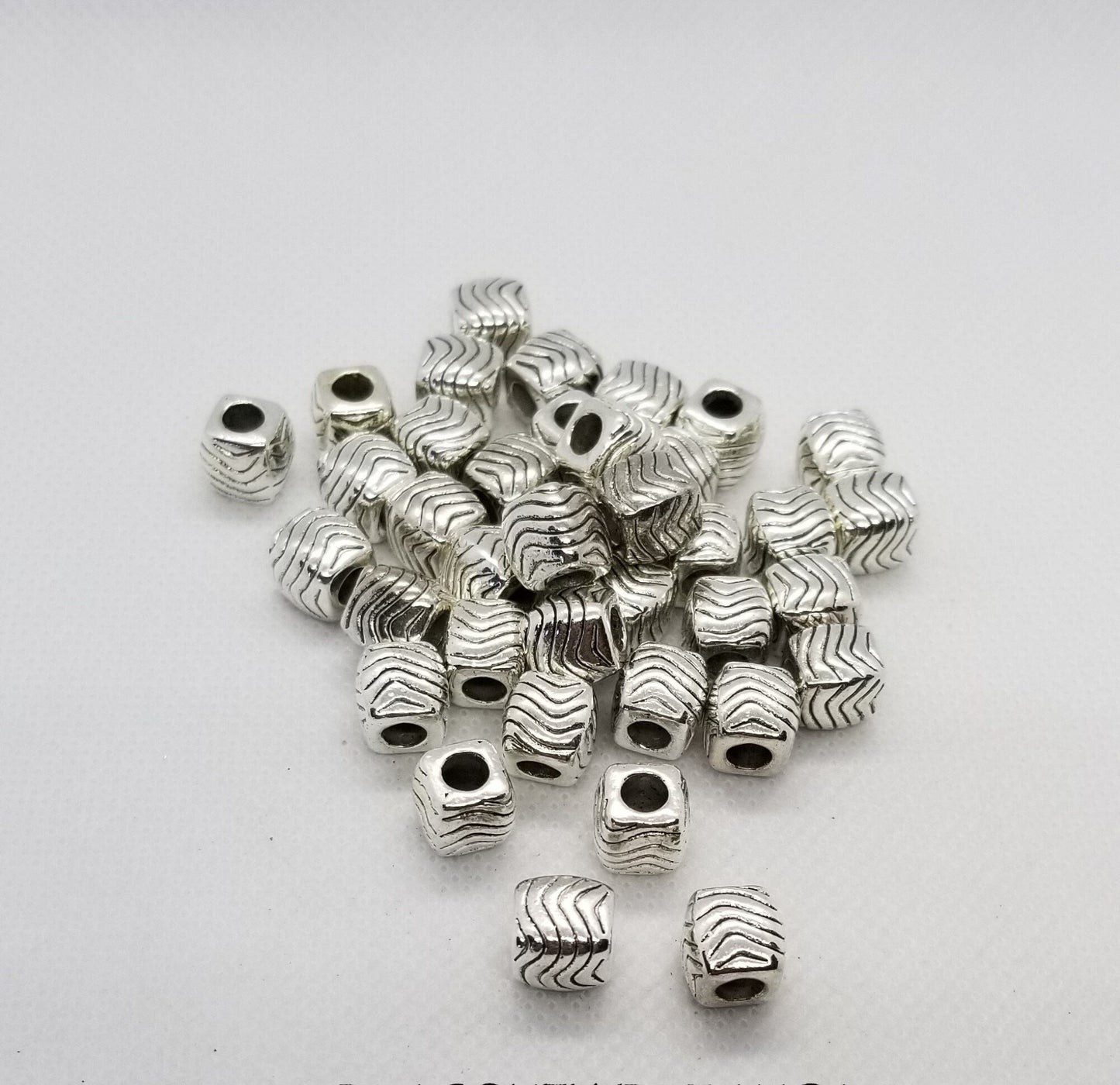 5 pieces Silver Cube with Etched Wave, Tibetan Style Alloy, Large Hole Beads, Lead, Cadmium Free, Antique Silver, 10x9mm, Hole 4.5mm