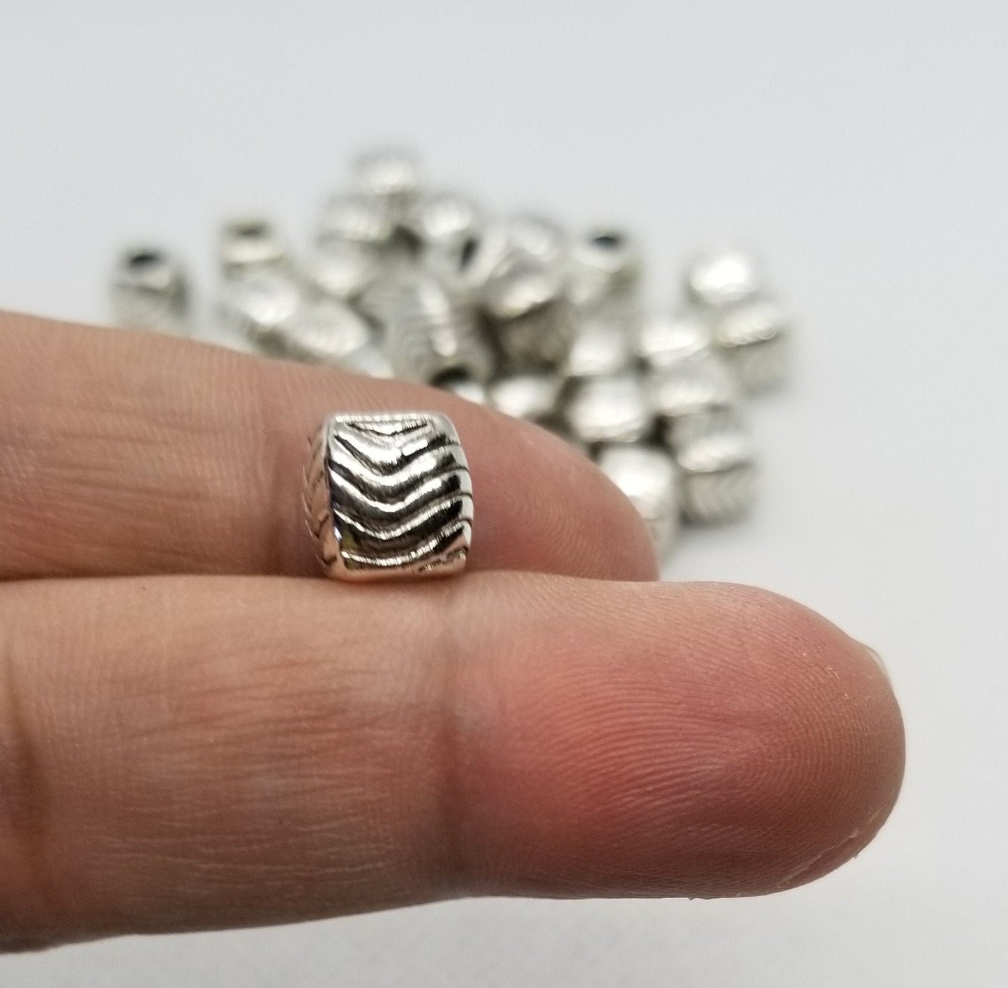 5 pieces Silver Cube with Etched Wave, Tibetan Style Alloy, Large Hole Beads, Lead, Cadmium Free, Antique Silver, 10x9mm, Hole 4.5mm