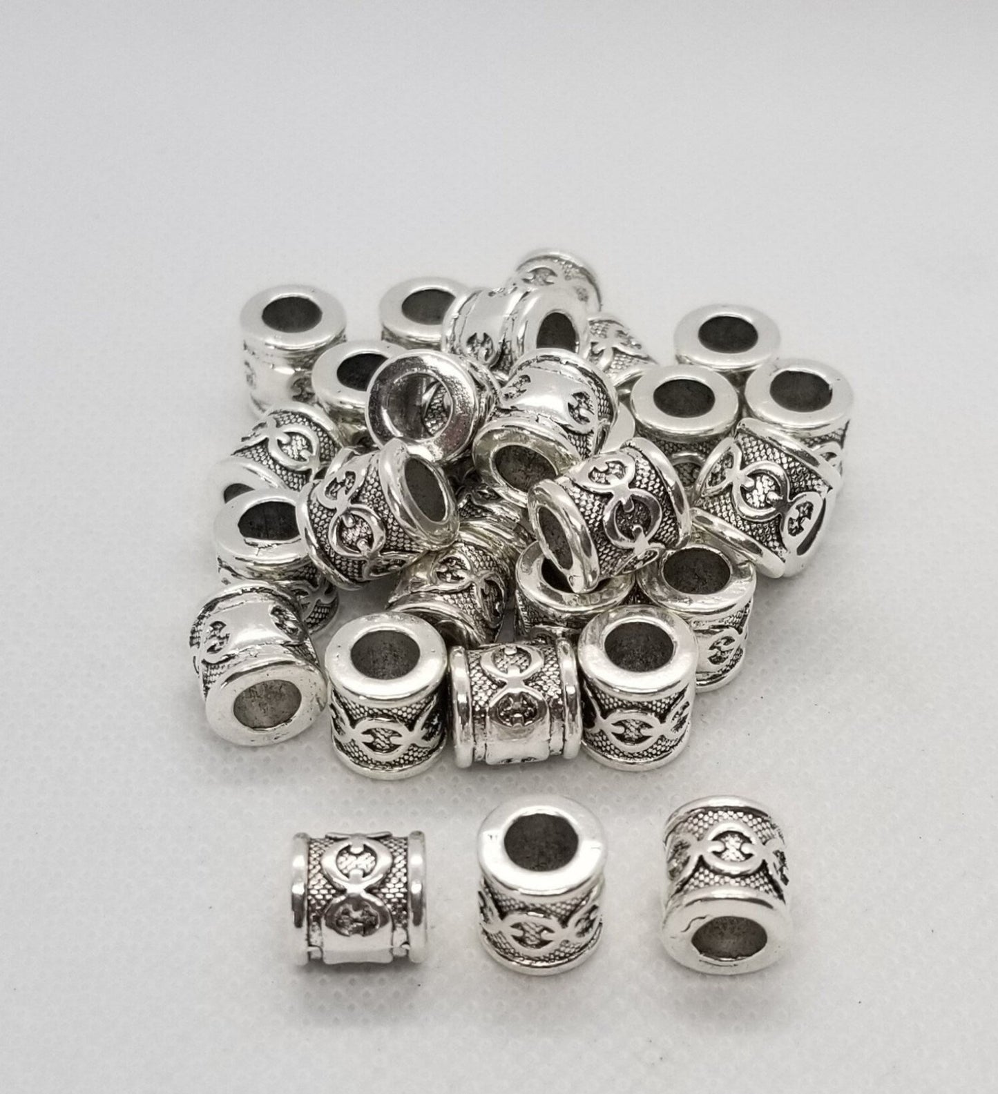 5 pieces Large Silver Tube with Linked Chain Design, Spacer Beads, Tibetan Style, Lead & Cadmium Free, 10x10mm, Large Hole 5.5mm
