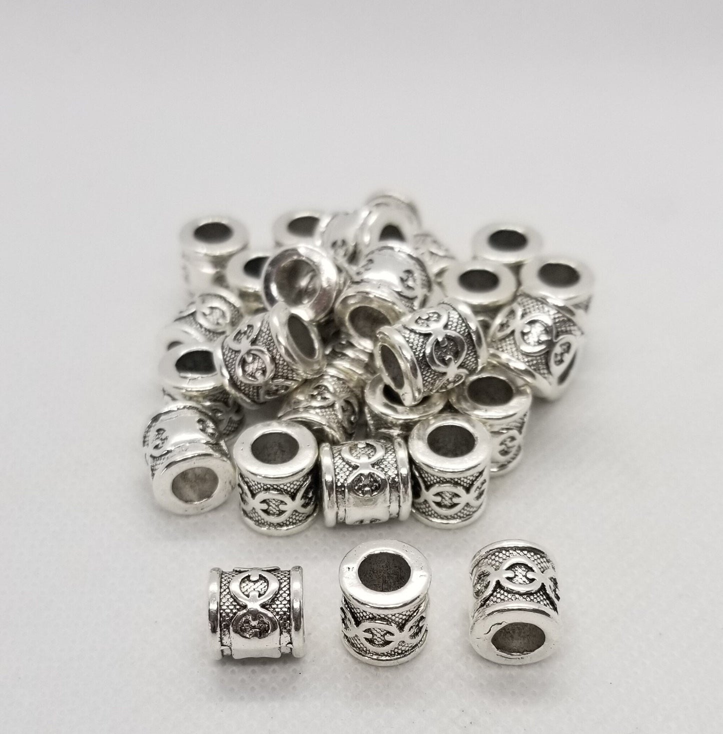 5 pieces Large Silver Tube with Linked Chain Design, Spacer Beads, Tibetan Style, Lead & Cadmium Free, 10x10mm, Large Hole 5.5mm