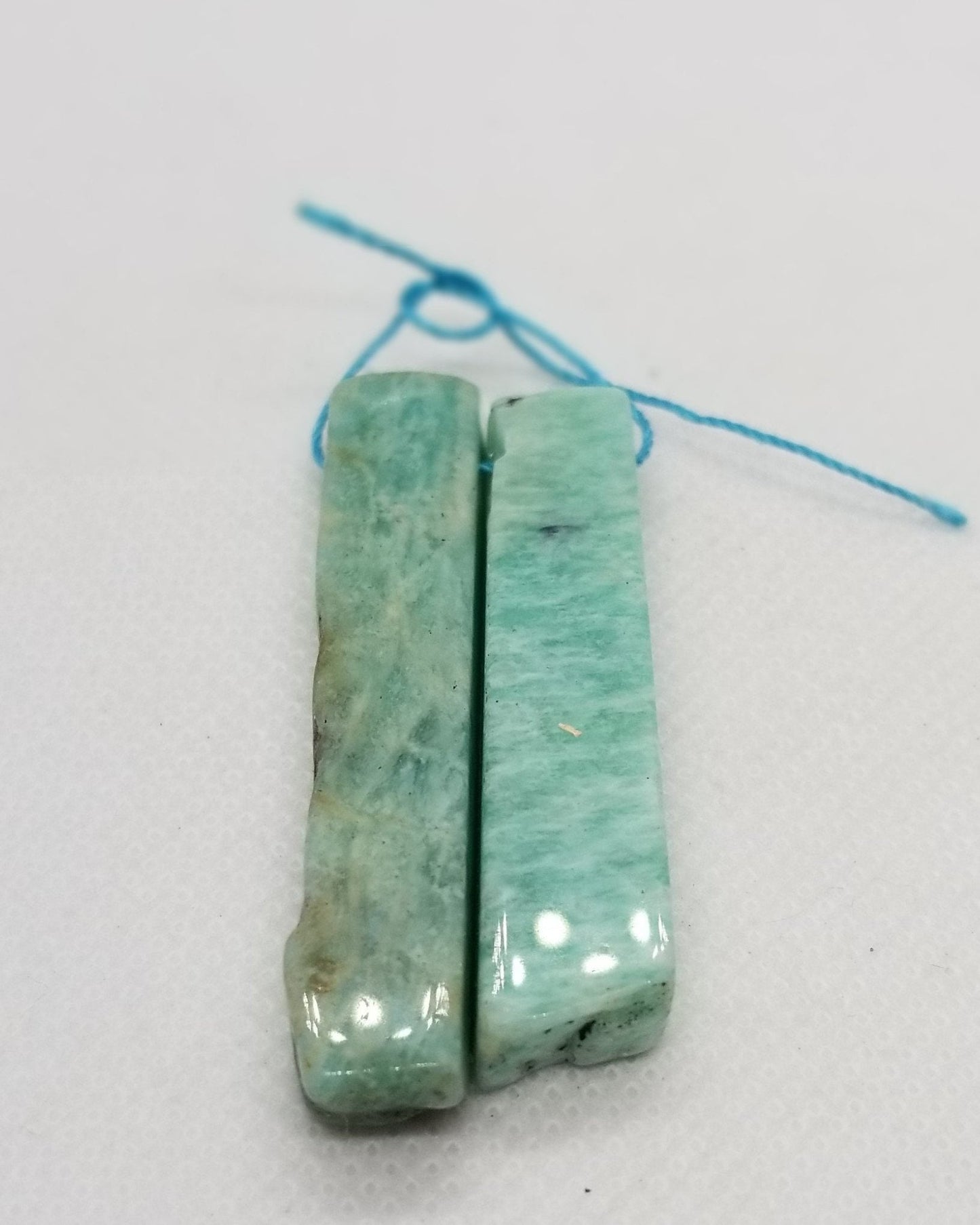 4 pcs Natural Amazonite crystal, semi-polished, rough polish, top drilled, sizes 20-65mm x 7-15mm x 6-10mm, hole 2mm