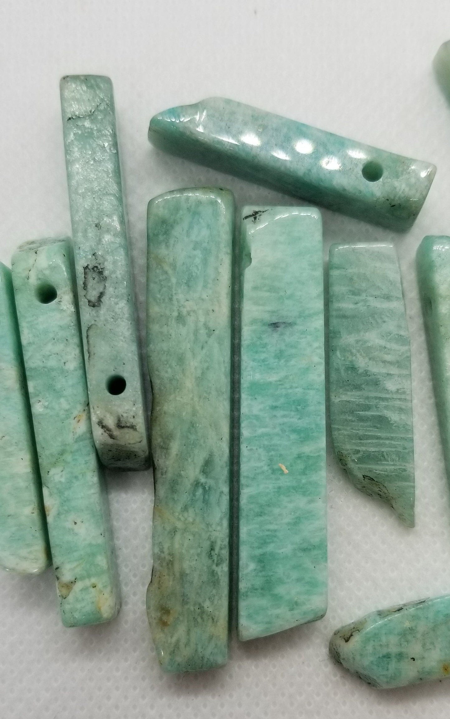 4 pcs Natural Amazonite crystal, semi-polished, rough polish, top drilled, sizes 20-65mm x 7-15mm x 6-10mm, hole 2mm