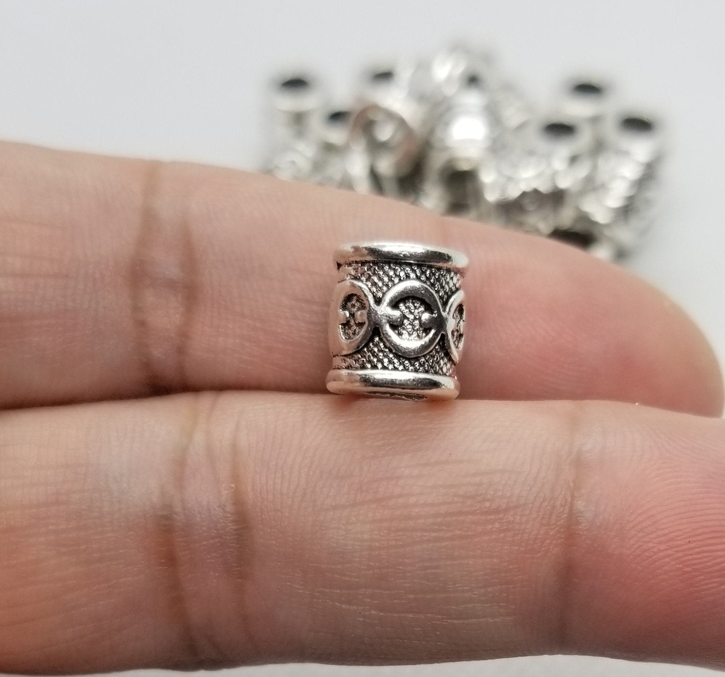 5 pieces Large Silver Tube with Linked Chain Design, Spacer Beads, Tibetan Style, Lead & Cadmium Free, 10x10mm, Large Hole 5.5mm