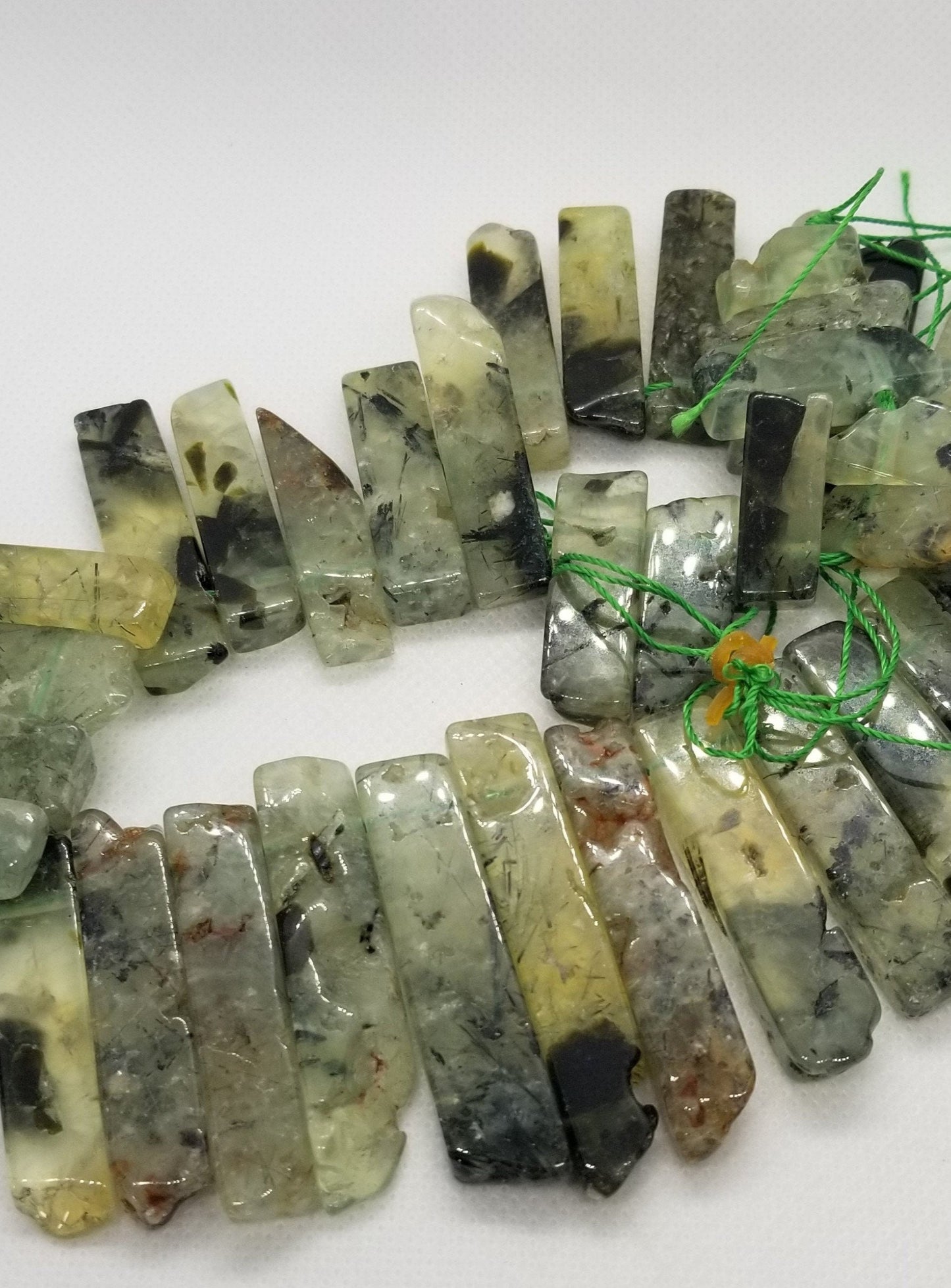 4 pieces Natural Prehnite Crystal Points, Top Drilled, Rectangle, Semi-Polished, Rough Polish, 20~65x7~15x6~10mm, Hole 2mm