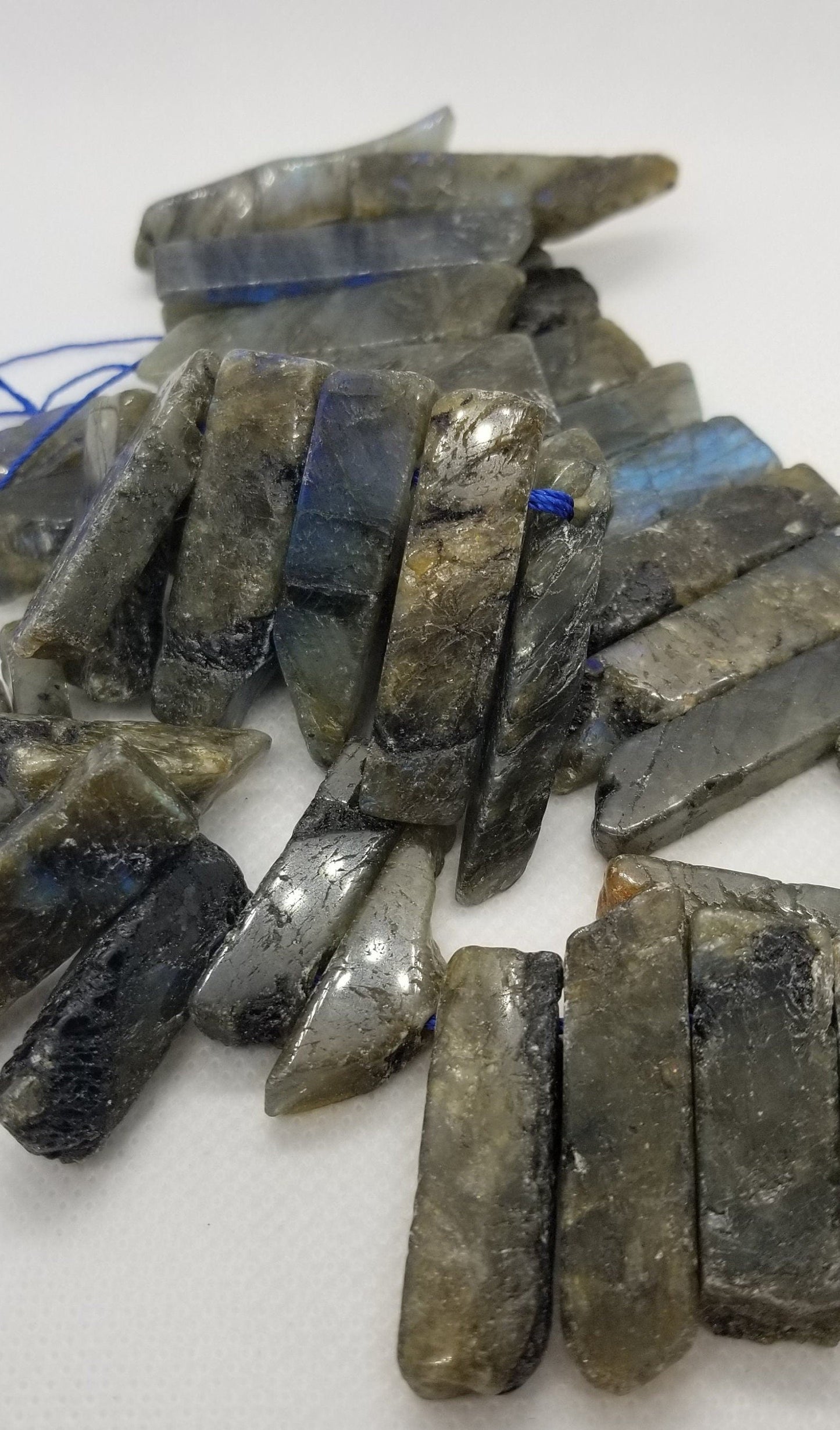4 pieces Natural Labradorite Crystal Points, Top Drilled, Rectangle, Semi-Polished, Rough Polish, 20~65x7~15x6~10mm, Hole 2mm