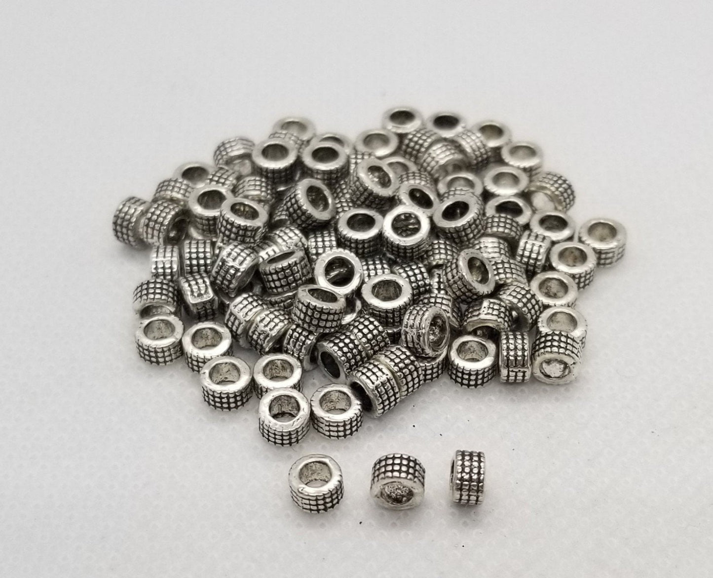 20 pieces Stamped Silver Column Spacer Beads, Tibetan Style Alloy, Lead, Nickel, Cadmium Free, Antique Silver, 5x3mm, Large Hole 3mm