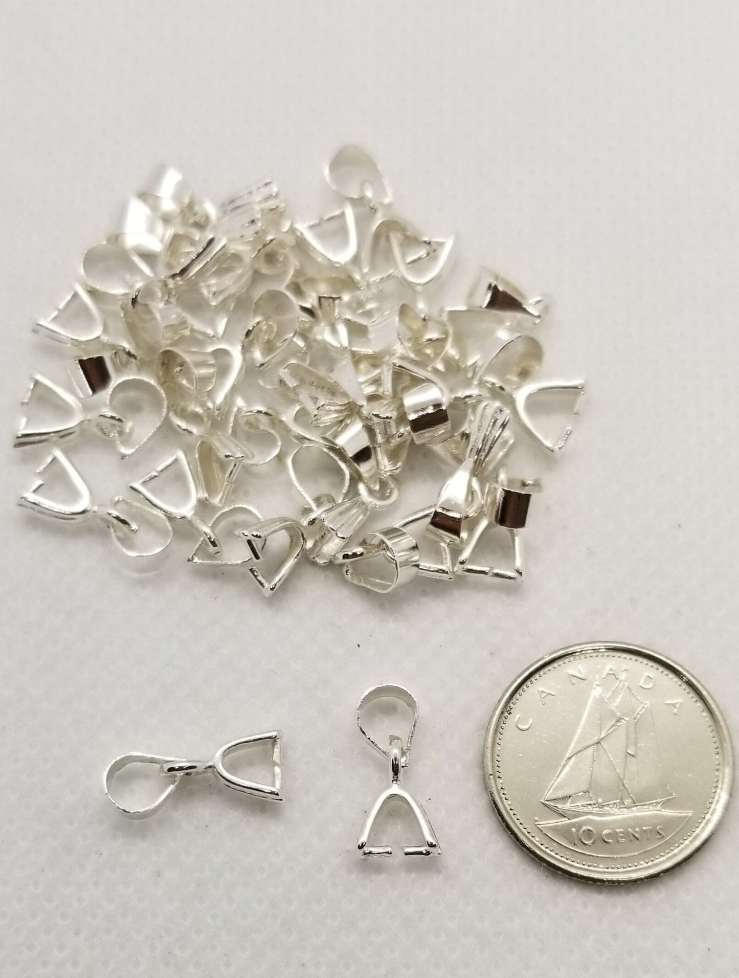 10 pieces Ice Pick Pinch Bails, Bright Silver colour, 13mm long x5mm wide, Hole 3mm; Pin 0.8mm
