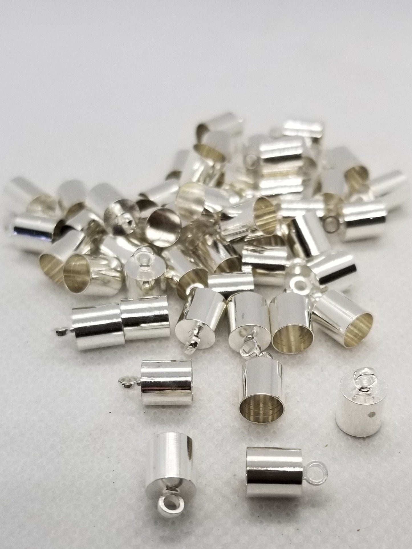 10 pieces Silver Cord Ends, Brass, Nickel Free, Silver Colour Plated, 9.5x6mm, Hole 1.1mm, 5.5mm inner diameter