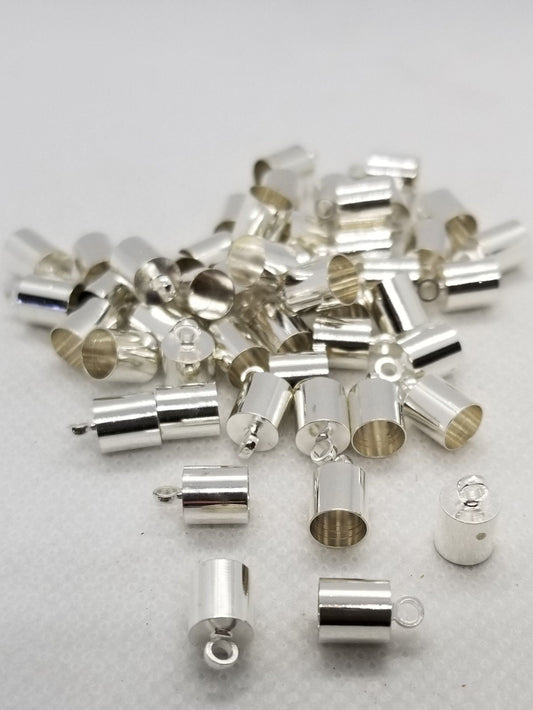 10 pieces Silver Cord Ends, Brass, Nickel Free, Silver Colour Plated, 9.5x6mm, Hole 1.1mm, 5.5mm inner diameter