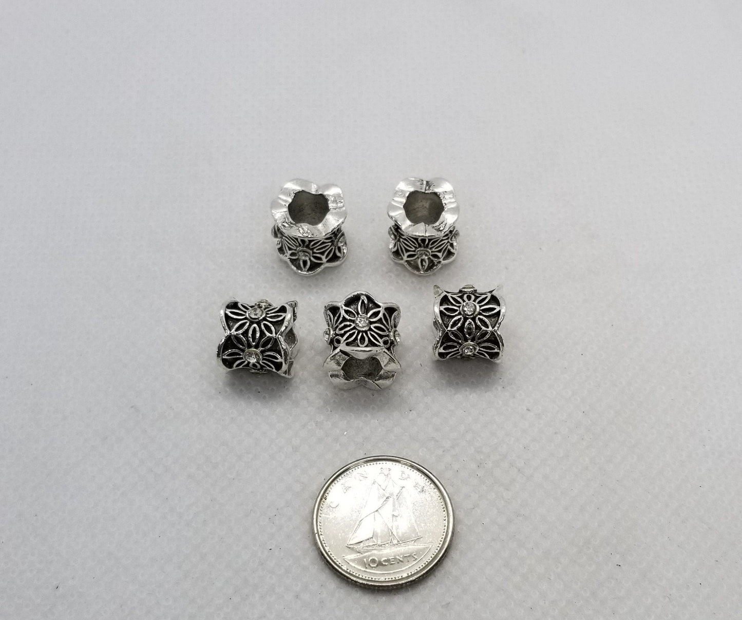 2 pieces Antique Silver Column with Rhinestone Flower, Large Hole European Beads, 9x10mm, Large Hole 5mm