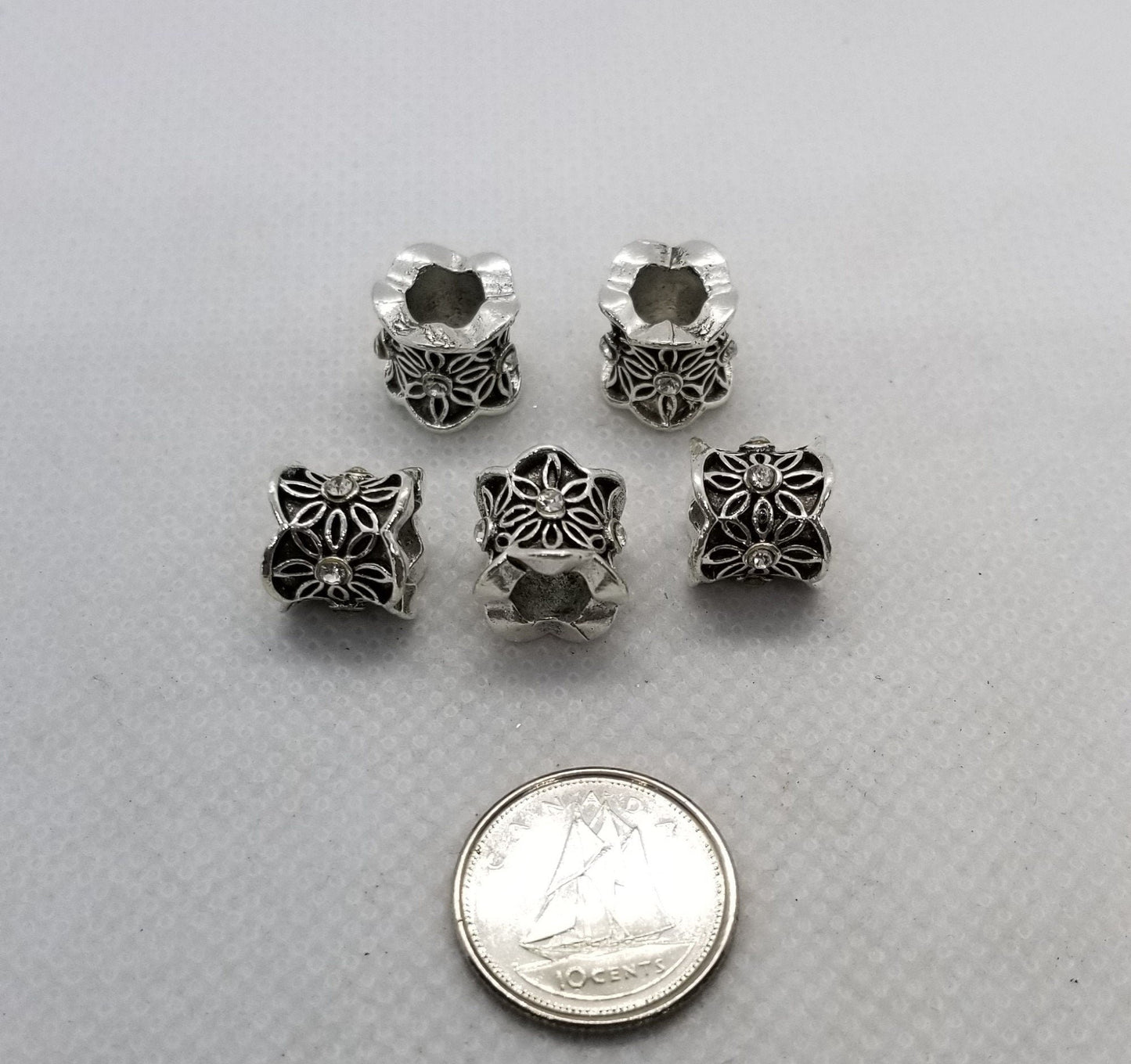 2 pieces Antique Silver Column with Rhinestone Flower, Large Hole European Beads, 9x10mm, Large Hole 5mm