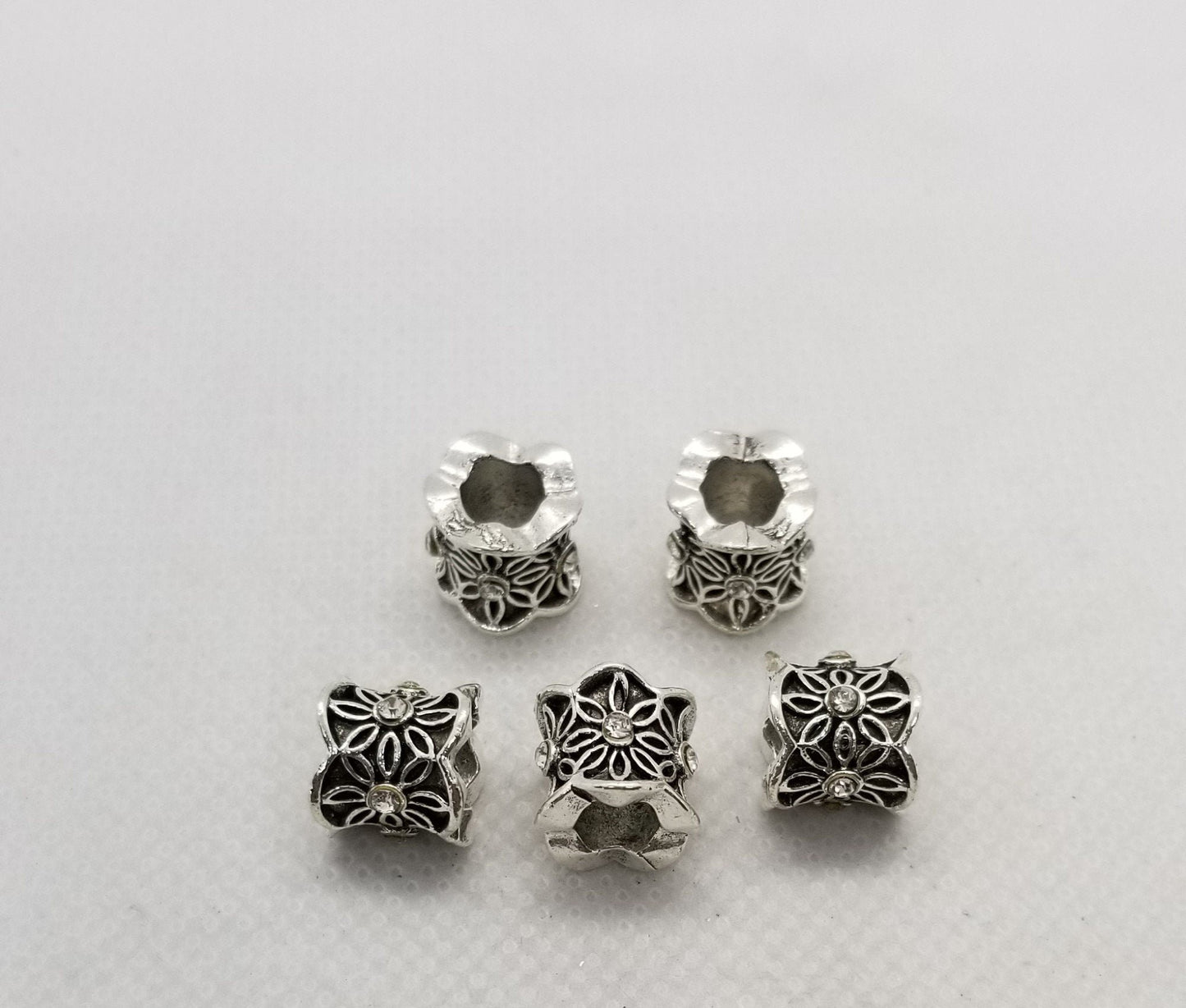 2 pieces Antique Silver Column with Rhinestone Flower, Large Hole European Beads, 9x10mm, Large Hole 5mm