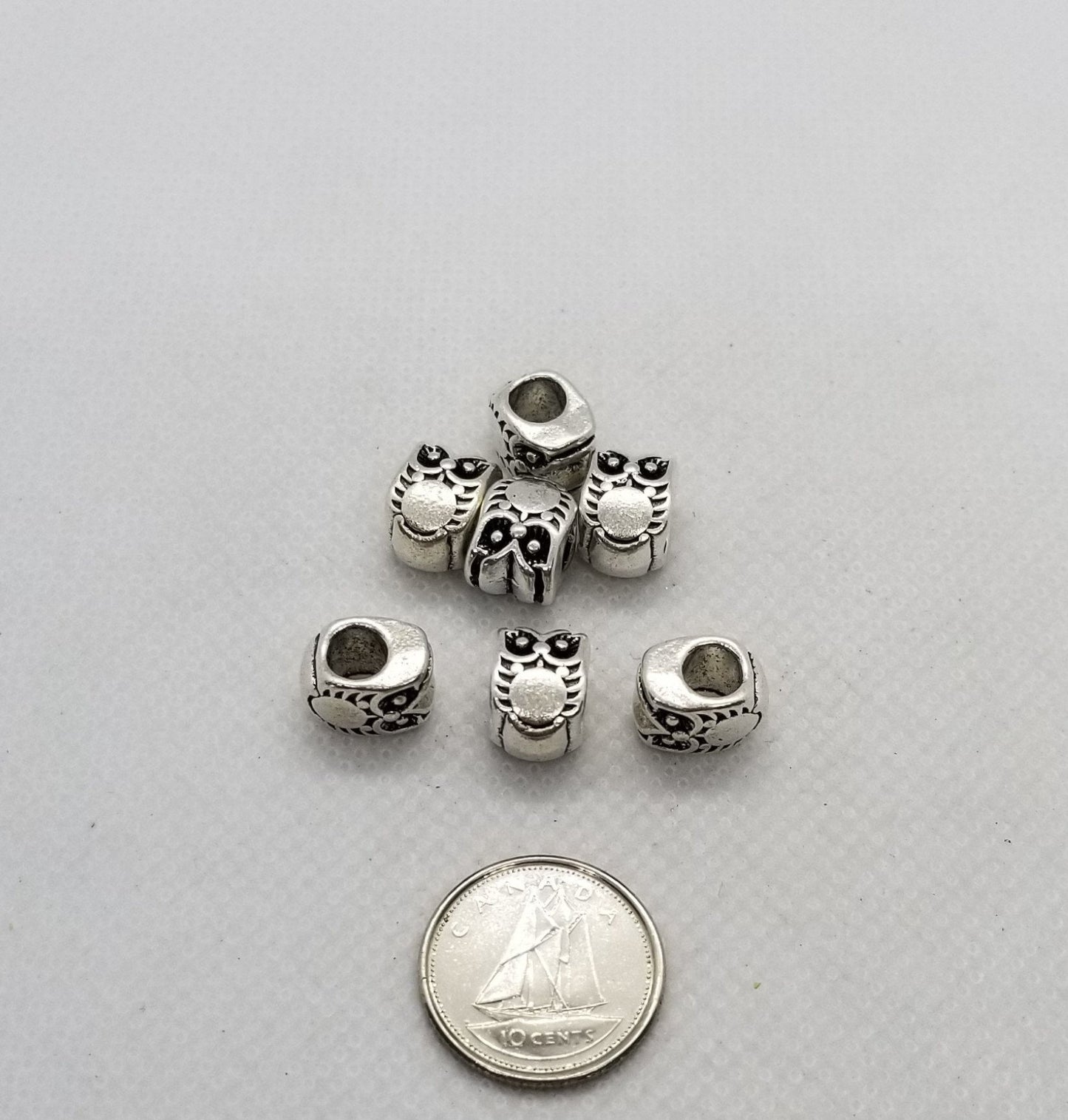 5 pieces Large Hole Silver Owl Spacer Bead, Cadmium, Lead Free, Owl, Antique Silver, European Alloy Beads, 10x8x8mm, Hole 4.5mm