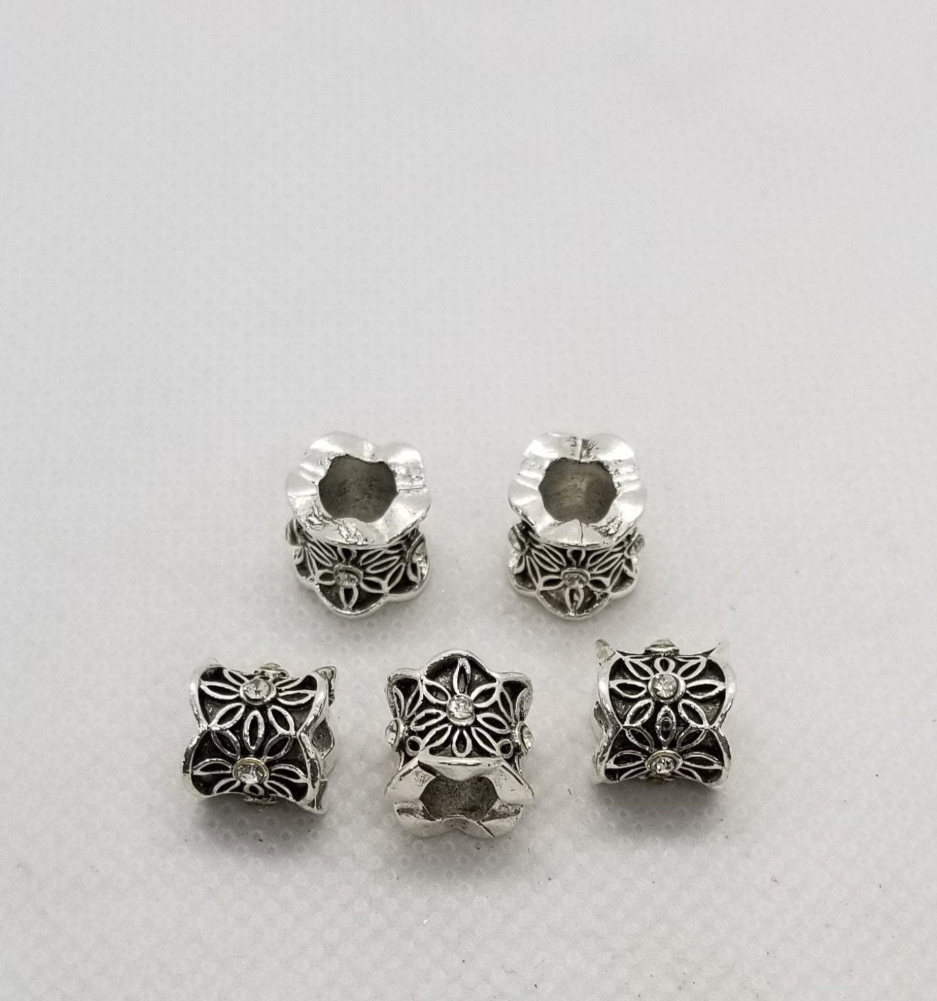 2 pieces Antique Silver Column with Rhinestone Flower, Large Hole European Beads, 9x10mm, Large Hole 5mm