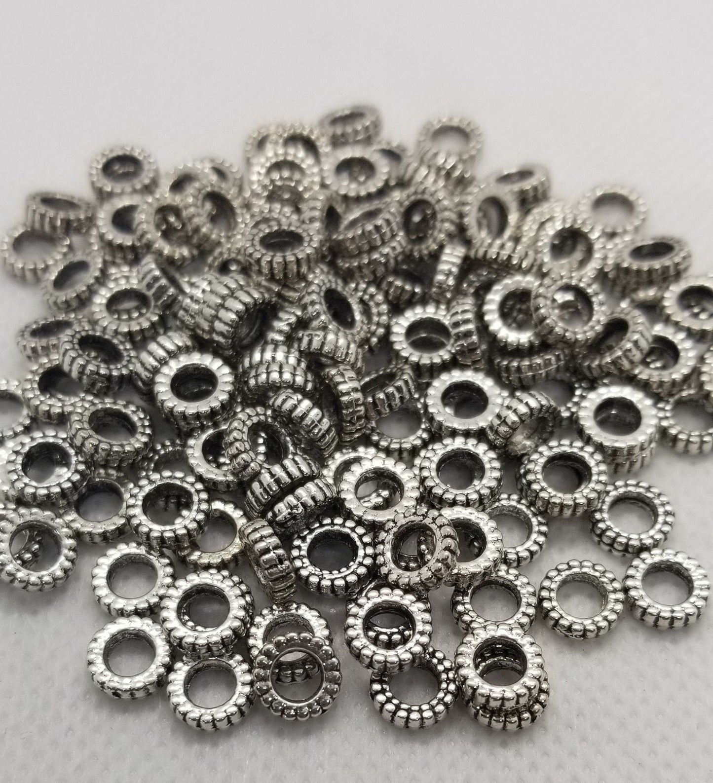 10 pcs Silver Gear, Tibetan Donut Beads, Steampunk Gear, Antique Silver Tire, Cadmium, Nickel, Lead Free, about 7x2mm, Large Hole 3.5mm