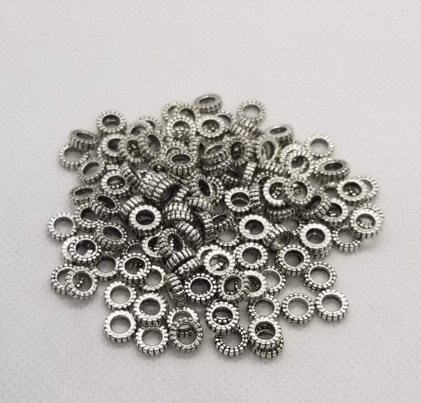 10 pcs Silver Gear, Tibetan Donut Beads, Steampunk Gear, Antique Silver Tire, Cadmium, Nickel, Lead Free, about 7x2mm, Large Hole 3.5mm