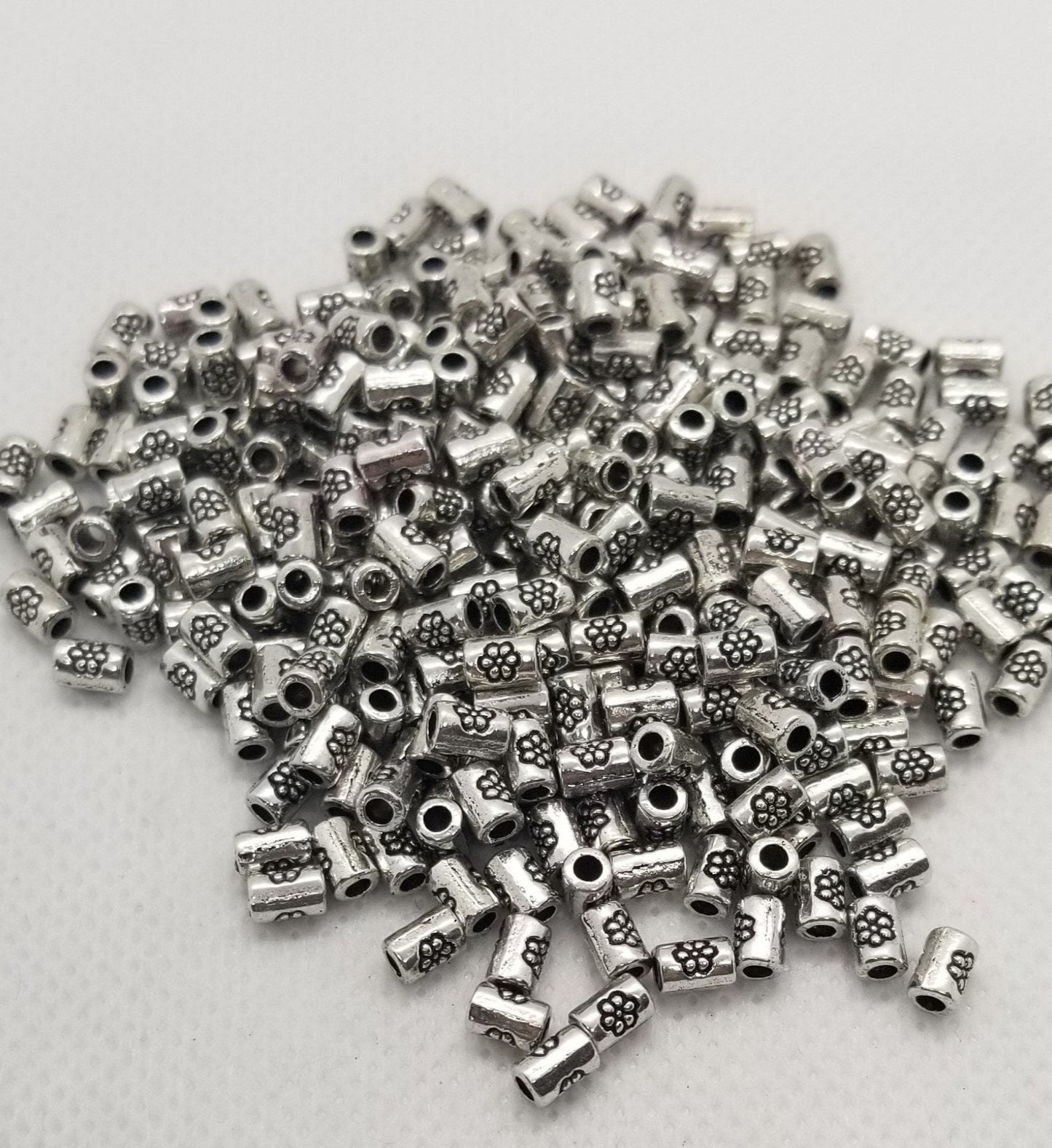 20 pcs Silver Column with Flower Spacer Bead, Tibetan Style, Lead, Cadmium Free, Column, Antique Silver, 3.5mm diameter, 5mm long, Hole 1mm
