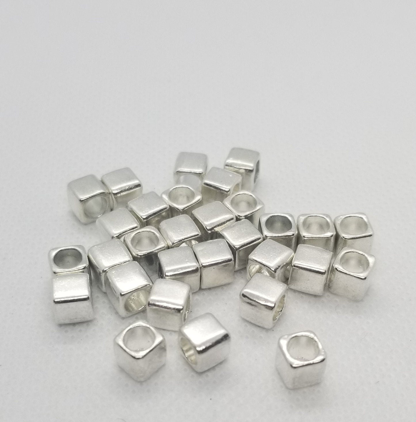 5 pieces Silver Cube Spacer Bead, Large Hole Bead, Lead, Nickel, Cadmium Free, Cube Shape, Silver Color Plated, 6x6x6mm, Hole 4mm