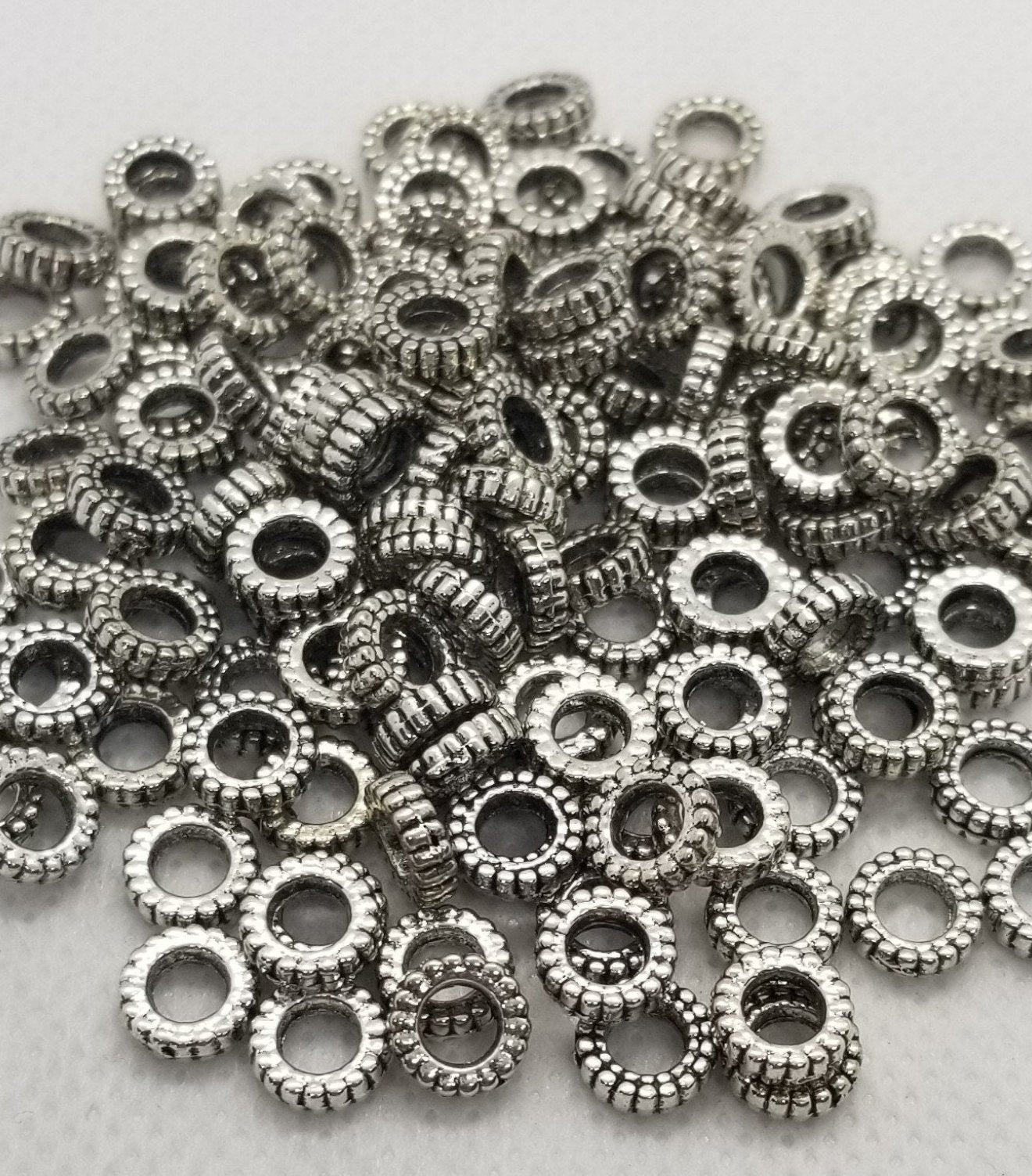 10 pcs Silver Gear, Tibetan Donut Beads, Steampunk Gear, Antique Silver Tire, Cadmium, Nickel, Lead Free, about 7x2mm, Large Hole 3.5mm