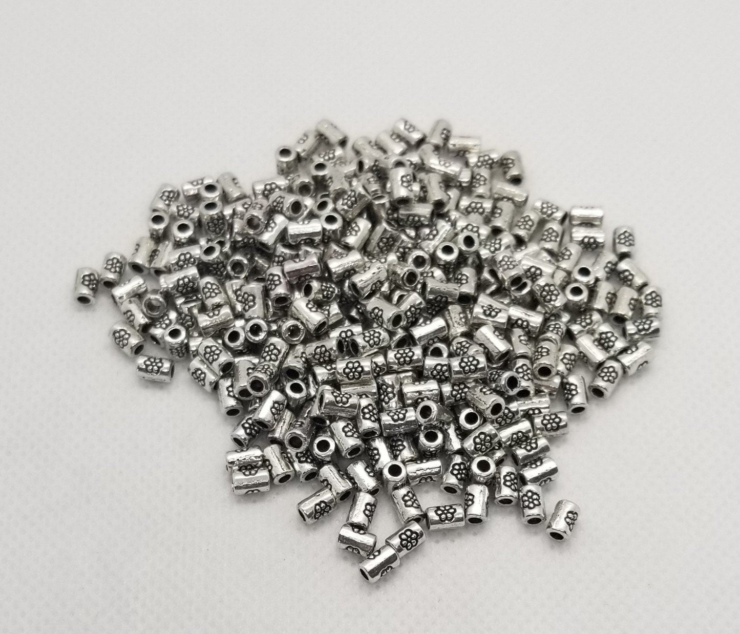 20 pcs Silver Column with Flower Spacer Bead, Tibetan Style, Lead, Cadmium Free, Column, Antique Silver, 3.5mm diameter, 5mm long, Hole 1mm