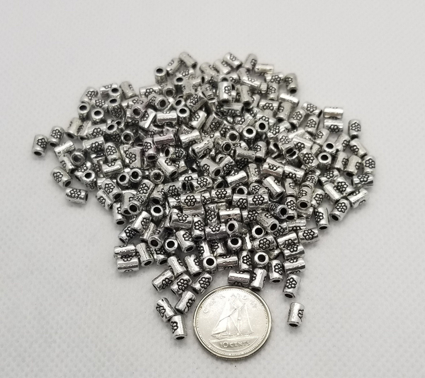 20 pcs Silver Column with Flower Spacer Bead, Tibetan Style, Lead, Cadmium Free, Column, Antique Silver, 3.5mm diameter, 5mm long, Hole 1mm