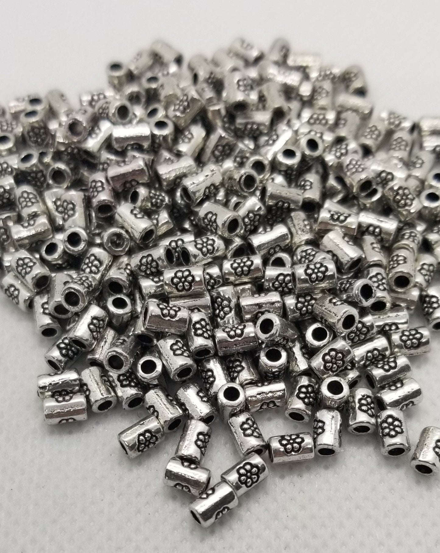 20 pcs Silver Column with Flower Spacer Bead, Tibetan Style, Lead, Cadmium Free, Column, Antique Silver, 3.5mm diameter, 5mm long, Hole 1mm