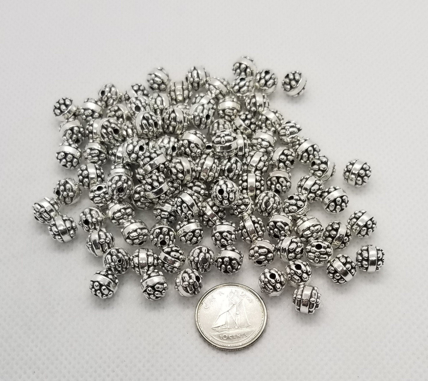 5 pcs Round Silver Spacer Bead, Tibetan Style, Lead Free, Cadmium Free, Antique Silver, 7x7mm, Hole 1.5mm