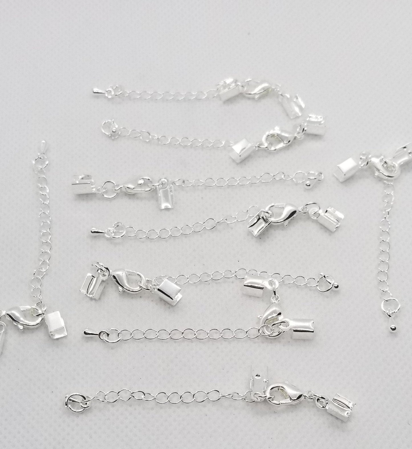 10 pcs Lobster Claw Clasps w Chain Extender and Folding Crimp Ends, Silver, Gold, Rose Gold, Chain 56~62mm long, Clasp 12x8x3mm, End 9x4mm