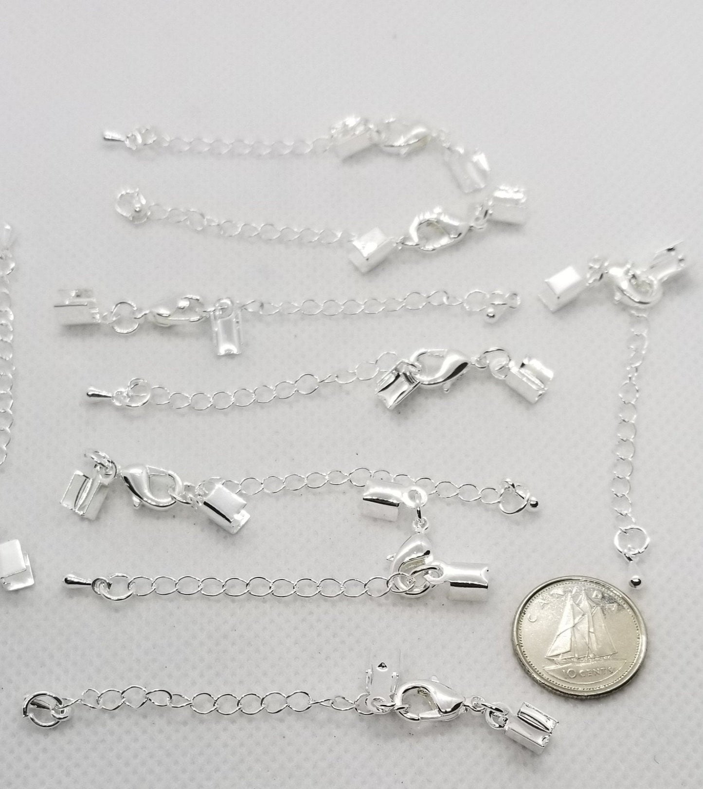 10 pcs Lobster Claw Clasps w Chain Extender and Folding Crimp Ends, Silver, Gold, Rose Gold, Chain 56~62mm long, Clasp 12x8x3mm, End 9x4mm