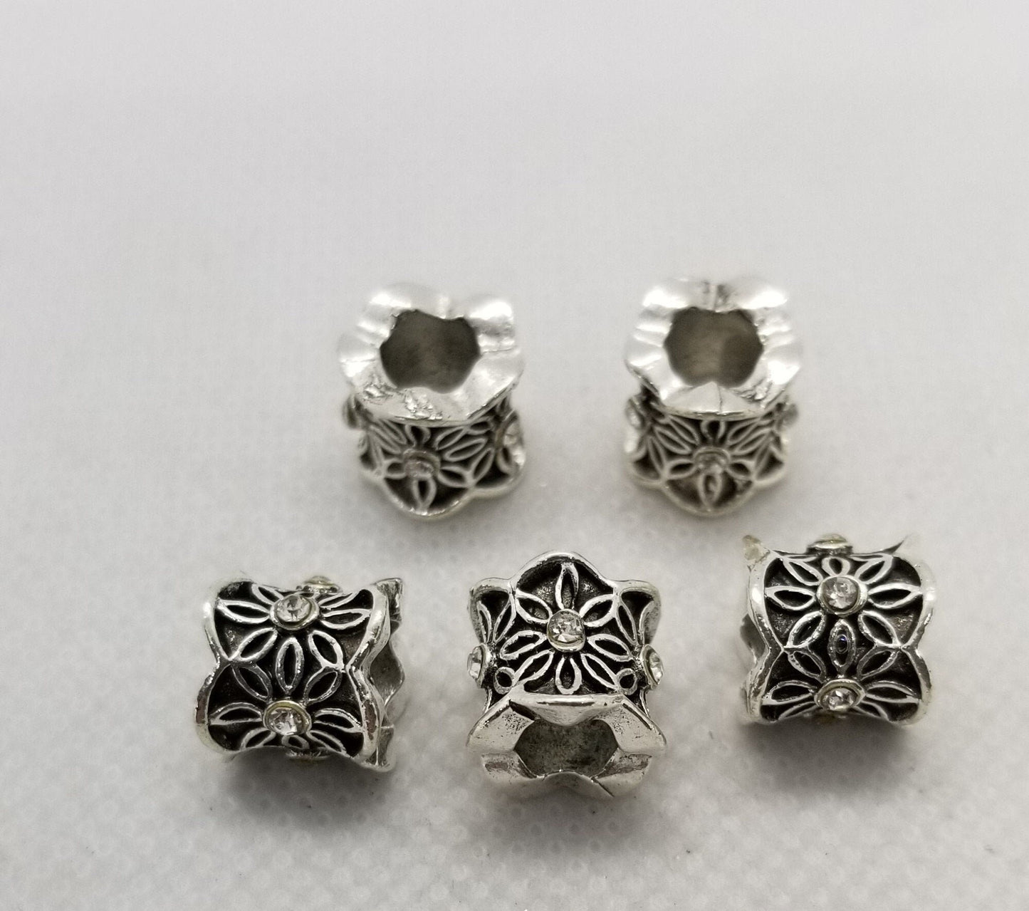 2 pieces Antique Silver Column with Rhinestone Flower, Large Hole European Beads, 9x10mm, Large Hole 5mm