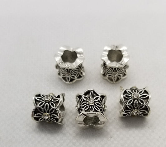 2 pieces Antique Silver Column with Rhinestone Flower, Large Hole European Beads, 9x10mm, Large Hole 5mm