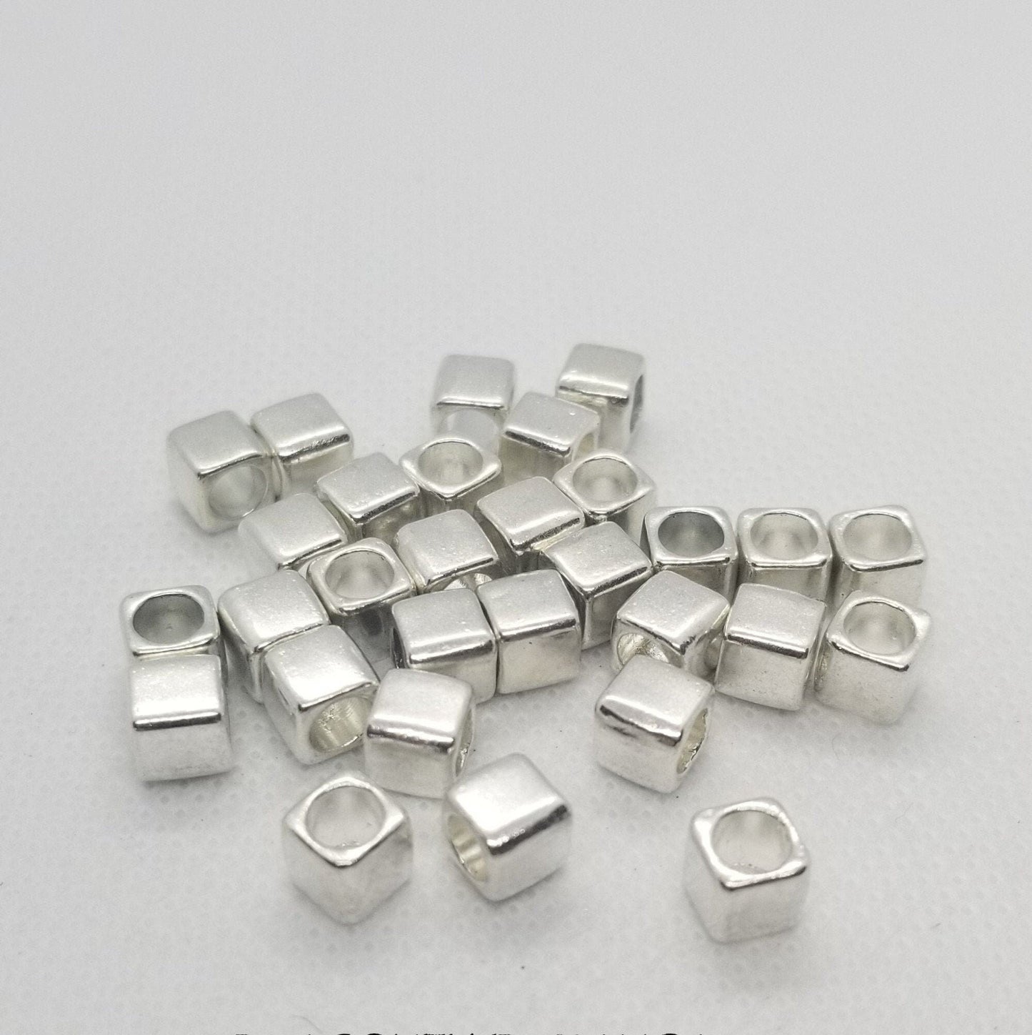 5 pieces Silver Cube Spacer Bead, Large Hole Bead, Lead, Nickel, Cadmium Free, Cube Shape, Silver Color Plated, 6x6x6mm, Hole 4mm
