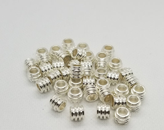 10 pieces Bright Silver Ribbed Barrel Spacer Beads, Tibetan Style Alloy, Lead, Cadmium Free, 8x6mm, Large hole 4mm