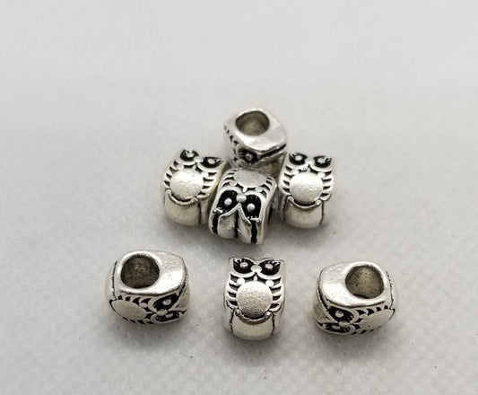 5 pieces Large Hole Silver Owl Spacer Bead, Cadmium, Lead Free, Owl, Antique Silver, European Alloy Beads, 10x8x8mm, Hole 4.5mm