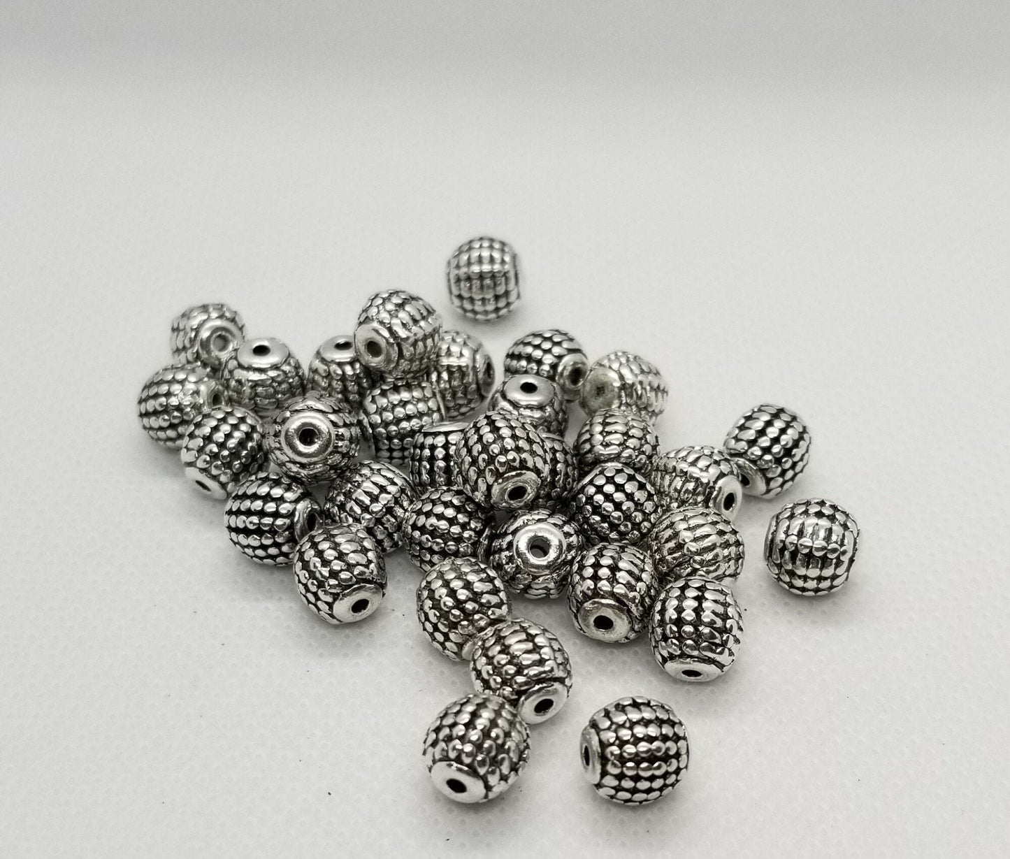 10 pieces Silver Barrel Spacers, Tibetan Style Alloy, Lead, Cadmium, Nickel Free, Round, Checked, Antique Silver, 9mm diameter, hole 2mm