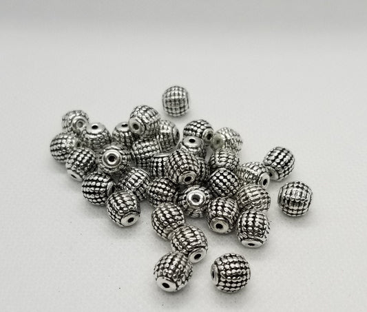 10 pieces Silver Barrel Spacers, Tibetan Style Alloy, Lead, Cadmium, Nickel Free, Round, Checked, Antique Silver, 9mm diameter, hole 2mm