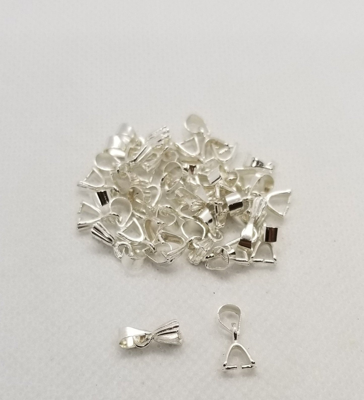 10 pieces Ice Pick Pinch Bails, Bright Silver colour, 13mm long x5mm wide, Hole 3mm; Pin 0.8mm