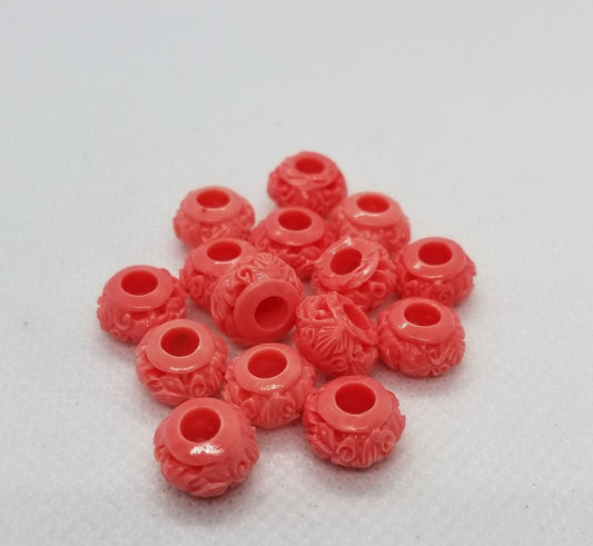 2 pieces Carved Coral Bead, Large Hole Beads, Dyed, Leaf Vine Pattern, Carved Rondelle, Synthetic, 11x7mm, Hole 4mm CLEARANCE