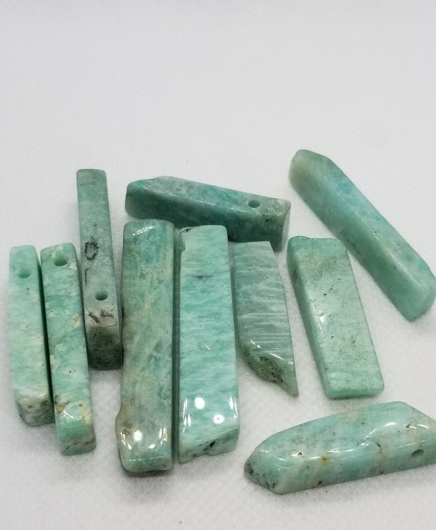 4 pcs Natural Amazonite crystal, semi-polished, rough polish, top drilled, sizes 20-65mm x 7-15mm x 6-10mm, hole 2mm