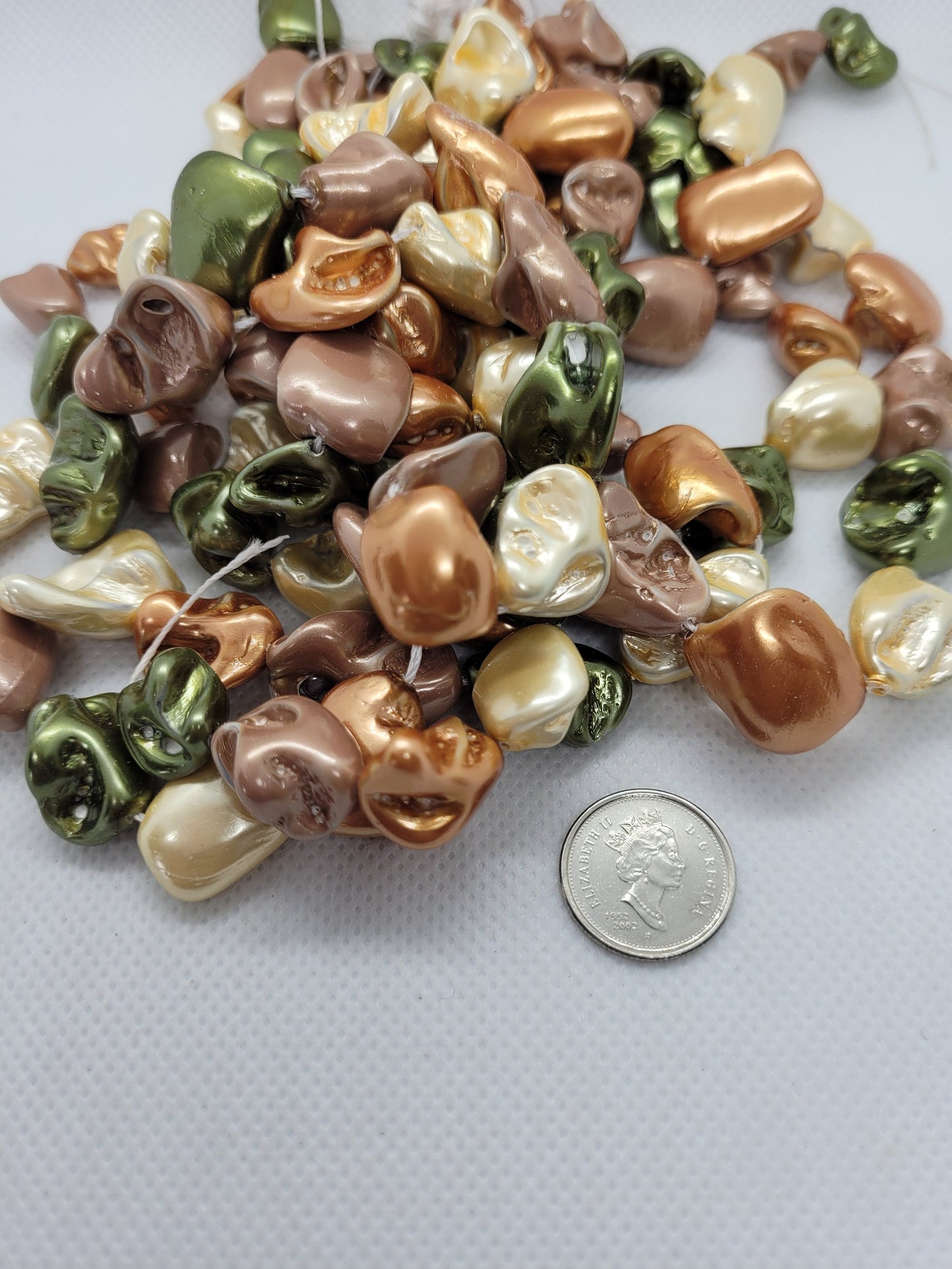1 strand Shell Pearl Nuggets, Focal, Dyed Copper Pink Cream and Green, 15~26x10~20x8~15mm, Hole 0.8mm, 20~25pcs/strand, Full 15" strand