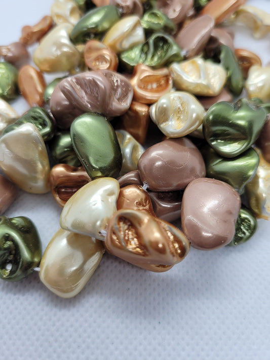 1 strand Shell Pearl Nuggets, Focal, Dyed Copper Pink Cream and Green, 15~26x10~20x8~15mm, Hole 0.8mm, 20~25pcs/strand, Full 15" strand