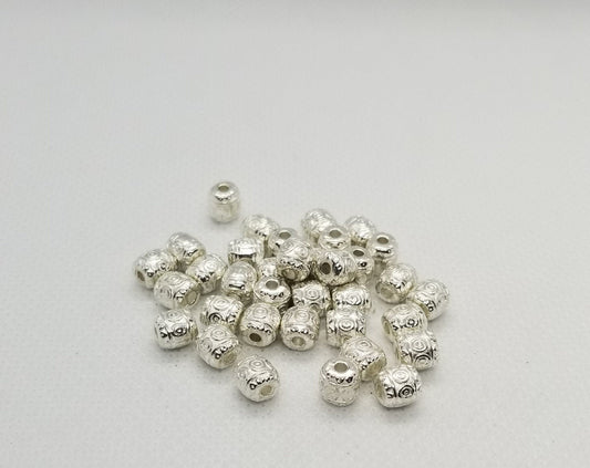 10 pieces Etched Silver Oval Spacer Beads, Tibetan Style Alloy, Barrel, Lead, Cadmium, Nickel Free, 6x6mm, hole 1.6mm