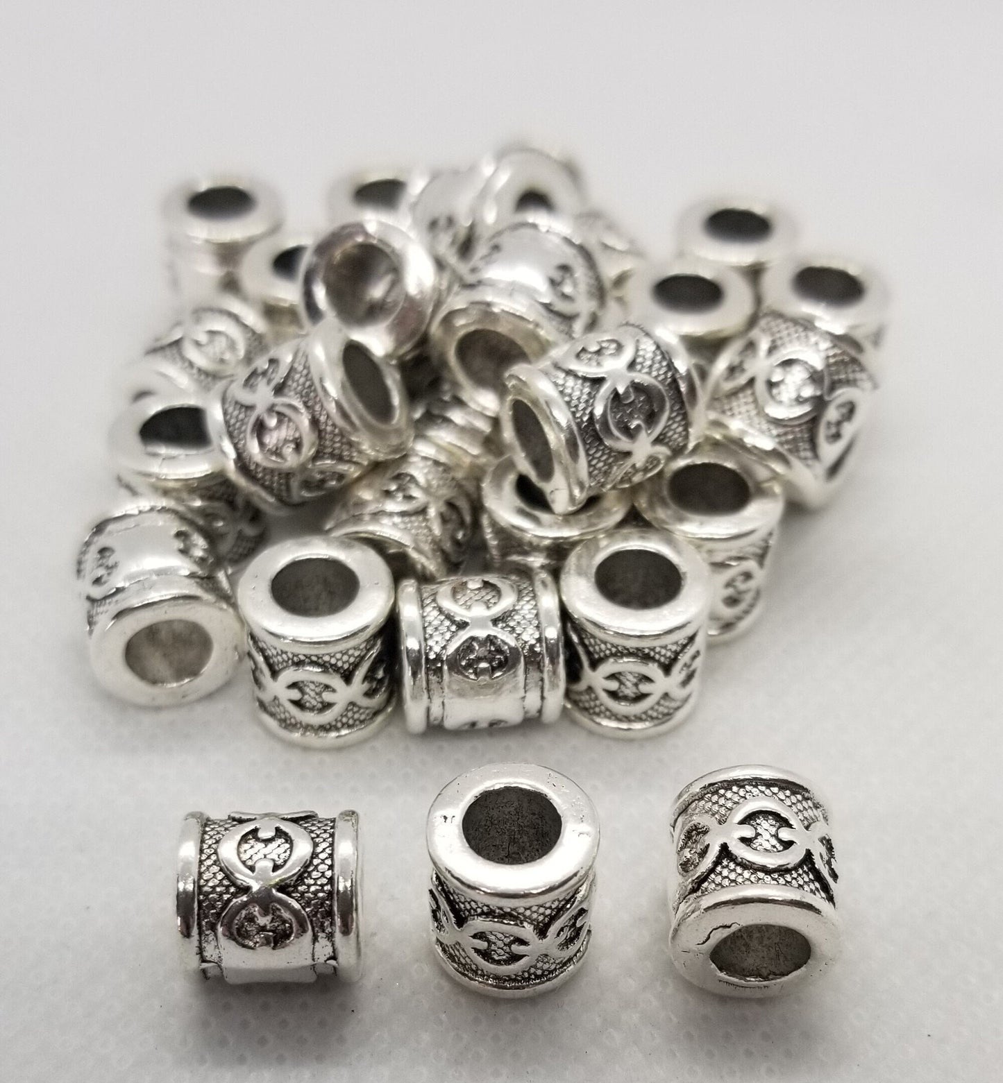 5 pieces Large Silver Tube with Linked Chain Design, Spacer Beads, Tibetan Style, Lead & Cadmium Free, 10x10mm, Large Hole 5.5mm