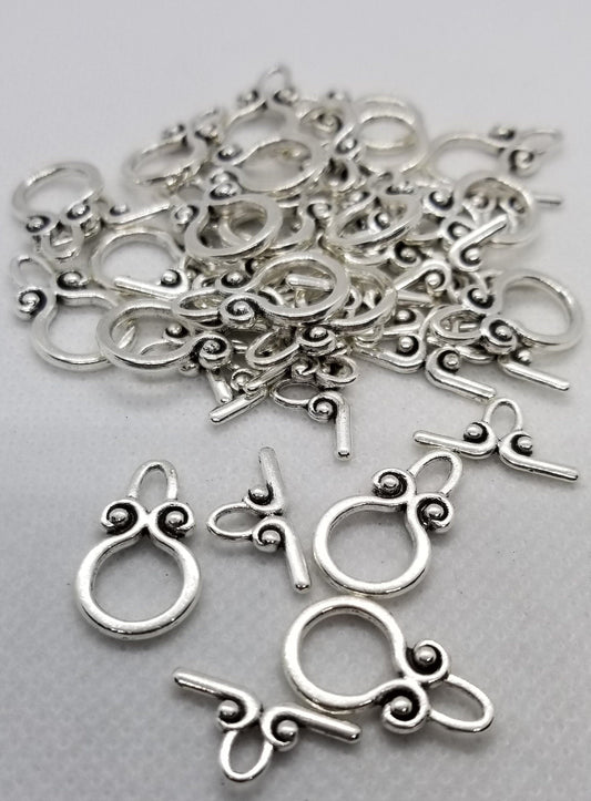 5 sets Silver Ring Toggle Clasps, Tibetan Style Alloy, Lead, Cadmium Free, Ring 12x20mm,Bar 18mm, Hole 3mm