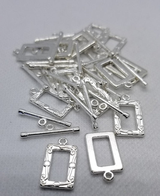 5 sets Silver Picture Frame Toggle Clasps, Rectangle, Lead, Cadmium Free, Size 20x11.5mm, Bar 22x5mm, Hole 2.5mm, Optional Silver Jump Rings